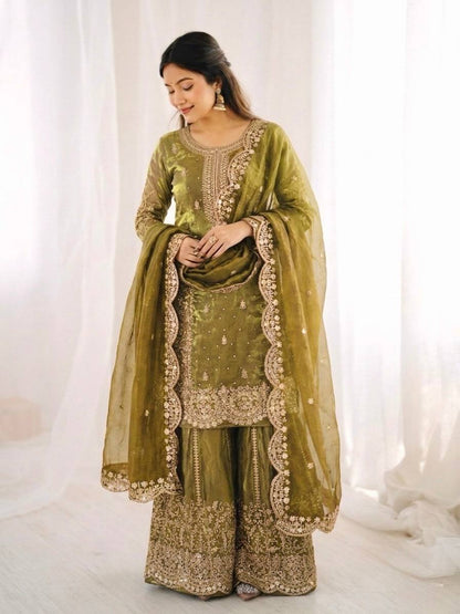 Opulent Mehndi Color Sequence Embroidered Sharara Suit With Dupatta