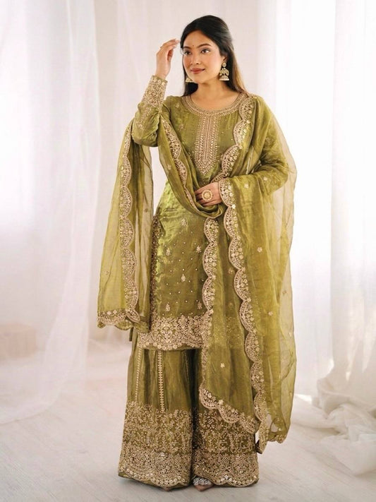 Wedding Wear Green Color Sequence Embroidery Fendy Silk Sharara Suit