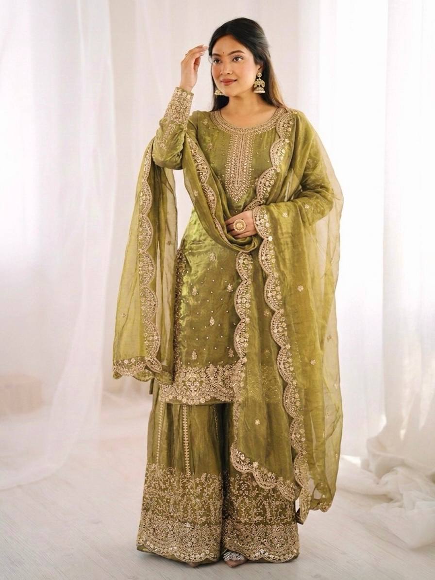 Opulent Mehndi Color Sequence Embroidered Sharara Suit With Dupatta