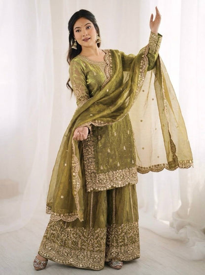 Wedding Wear Green Color Sequence Embroidery Fendy Silk Sharara Suit