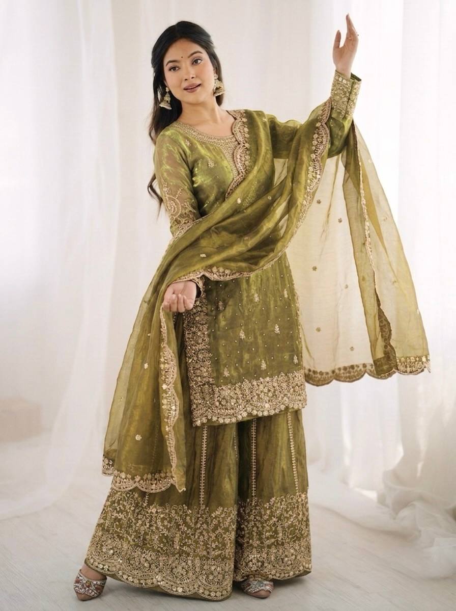 Opulent Mehndi Color Sequence Embroidered Sharara Suit With Dupatta