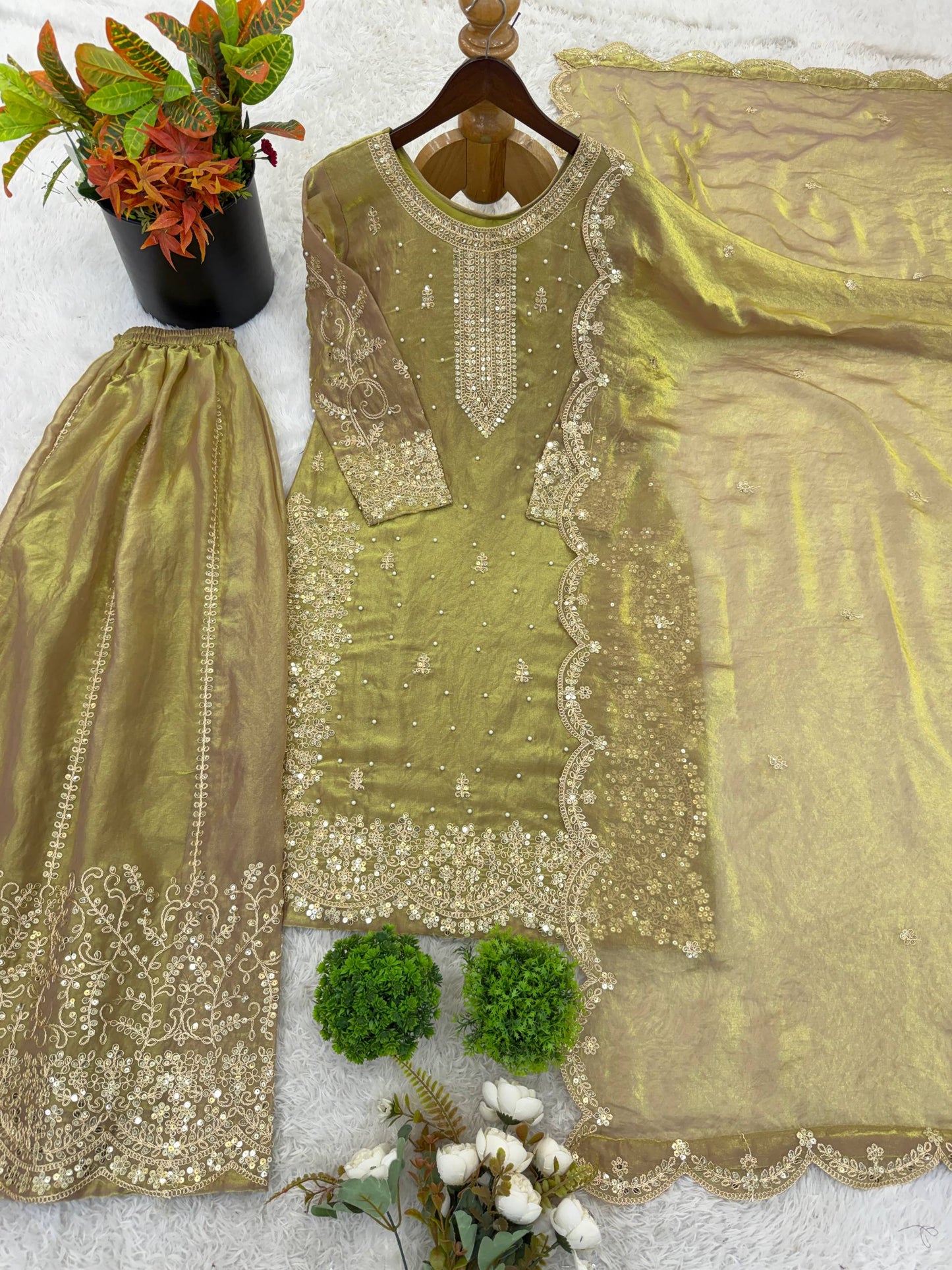Wedding Wear Green Color Sequence Embroidery Fendy Silk Sharara Suit