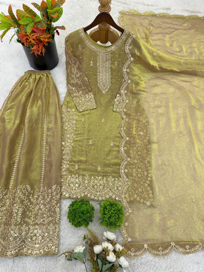 Wedding Wear Green Color Sequence Embroidery Fendy Silk Sharara Suit