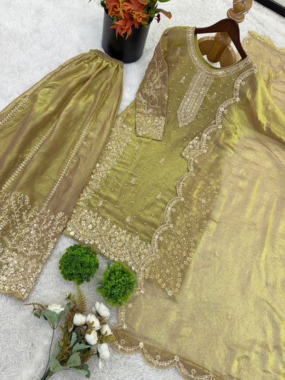 Wedding Wear Green Color Sequence Embroidery Fendy Silk Sharara Suit