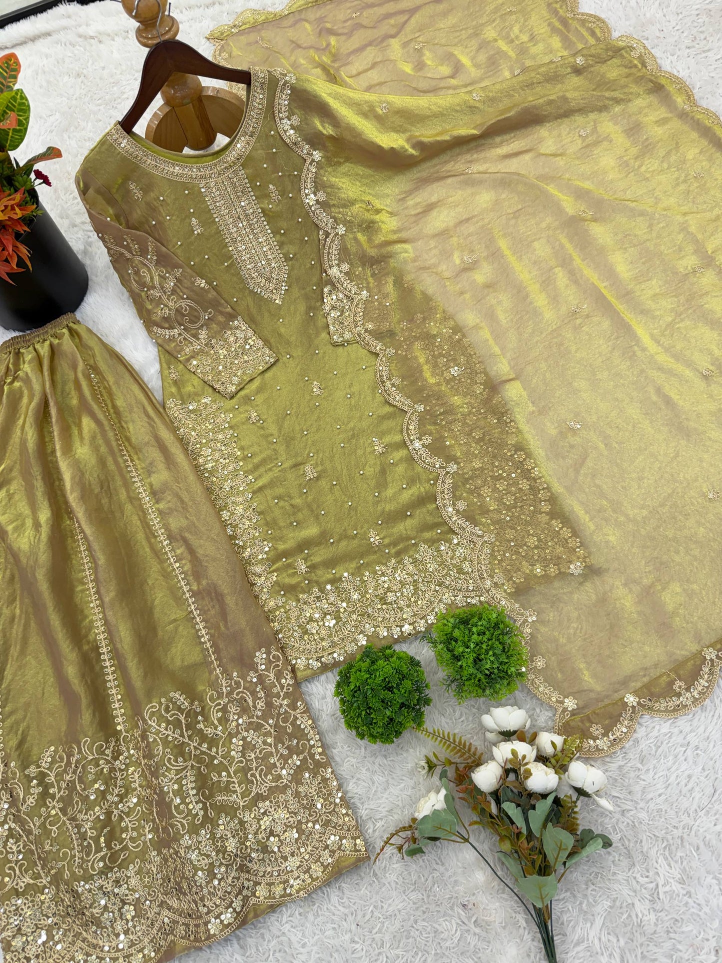 Opulent Mehndi Color Sequence Embroidered Sharara Suit With Dupatta