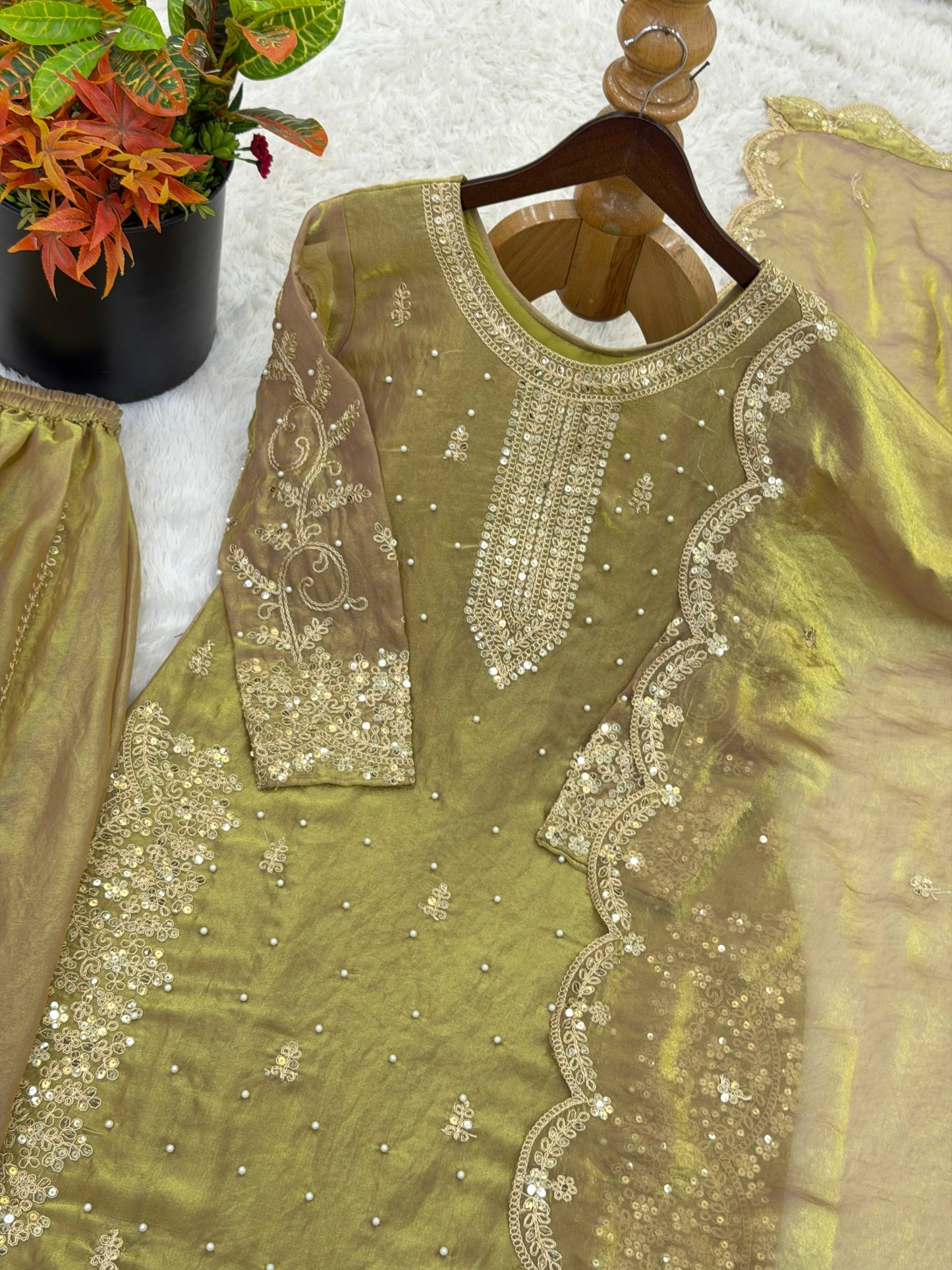 Wedding Wear Green Color Sequence Embroidery Fendy Silk Sharara Suit