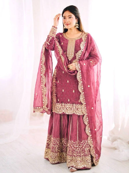 Elegant Pink Color Fendy Silk Sequin Work Sharara Suit With Dupatta