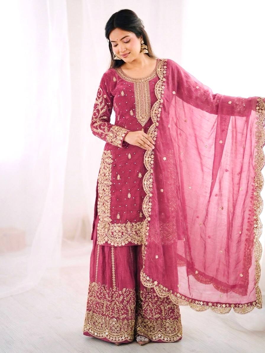 Elegant Pink Color Fendy Silk Sequin Work Sharara Suit With Dupatta