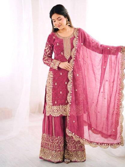Elegant Pink Color Fendy Silk Sequin Work Sharara Suit With Dupatta