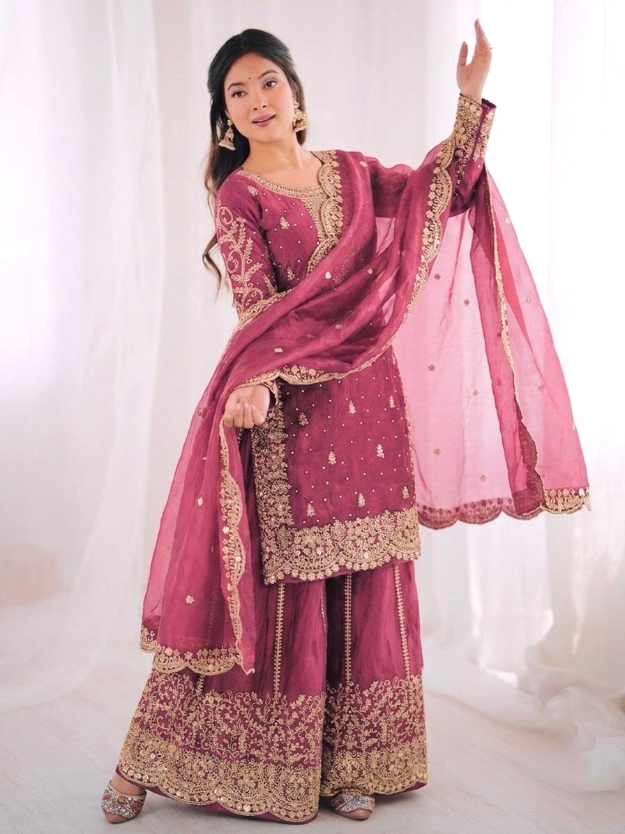 Elegant Pink Color Fendy Silk Sequin Work Sharara Suit With Dupatta