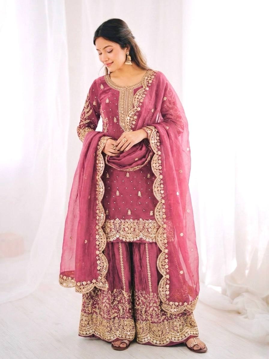 Elegant Pink Color Fendy Silk Sequin Work Sharara Suit With Dupatta