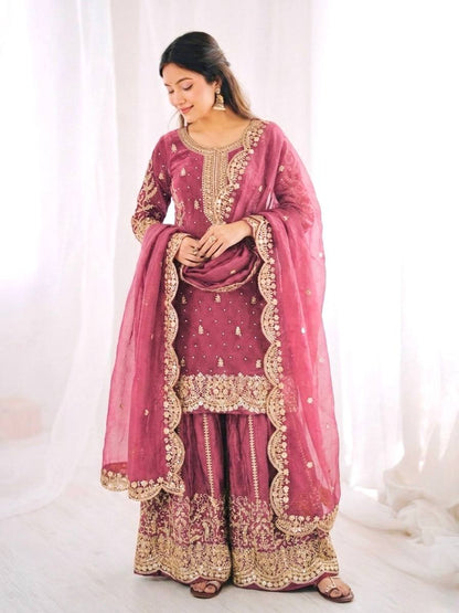 Elegant Pink Color Fendy Silk Sequin Work Sharara Suit With Dupatta