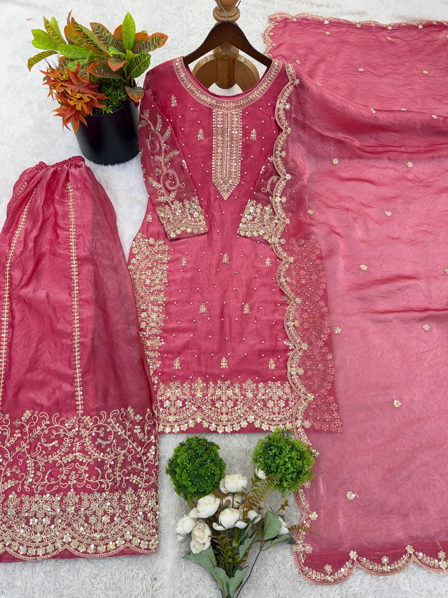 Elegant Pink Color Fendy Silk Sequin Work Sharara Suit With Dupatta