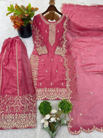 Elegant Pink Color Fendy Silk Sequin Work Sharara Suit With Dupatta