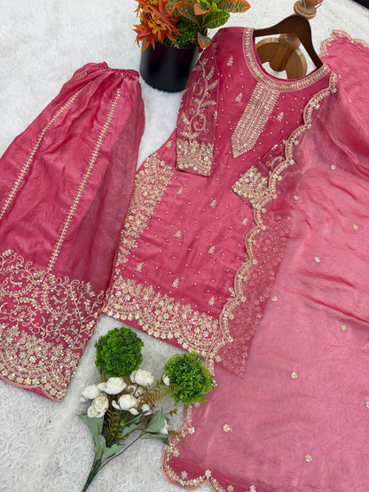 Elegant Pink Color Fendy Silk Sequin Work Sharara Suit With Dupatta