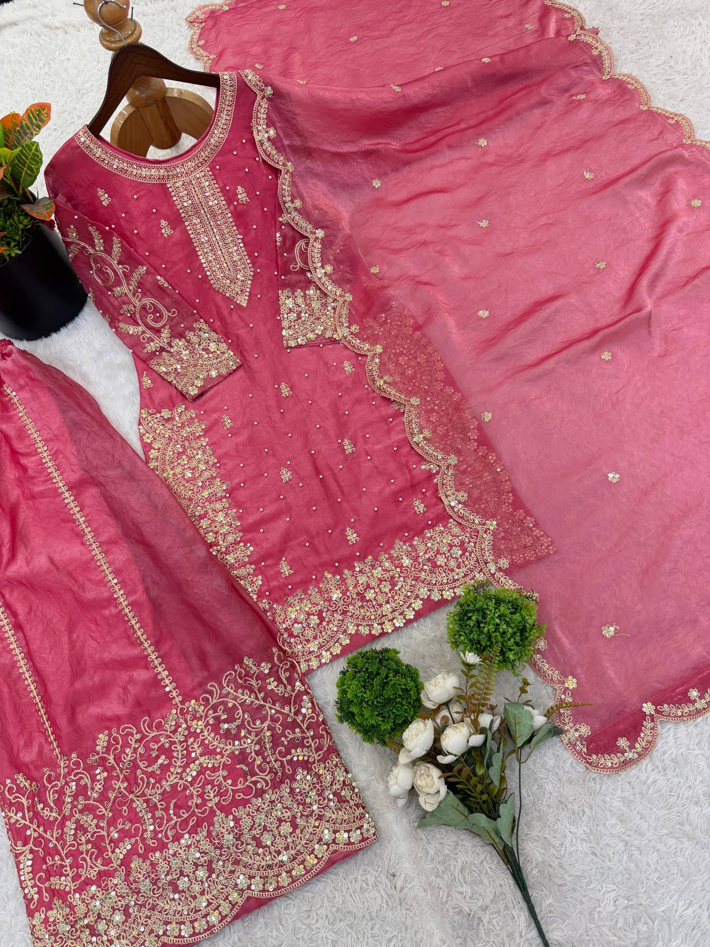 Elegant Pink Color Fendy Silk Sequin Work Sharara Suit With Dupatta