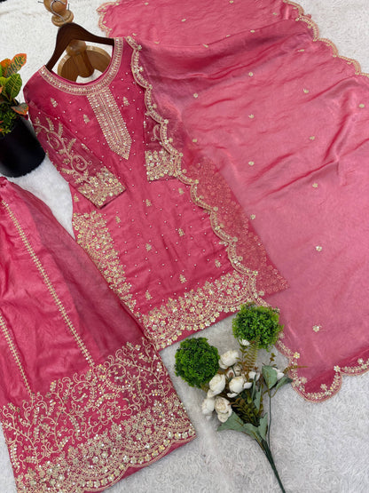 Elegant Pink Color Fendy Silk Sequin Work Sharara Suit With Dupatta