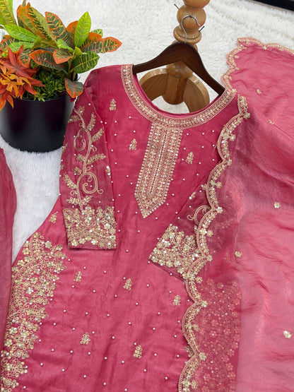 Elegant Pink Color Fendy Silk Sequin Work Sharara Suit With Dupatta