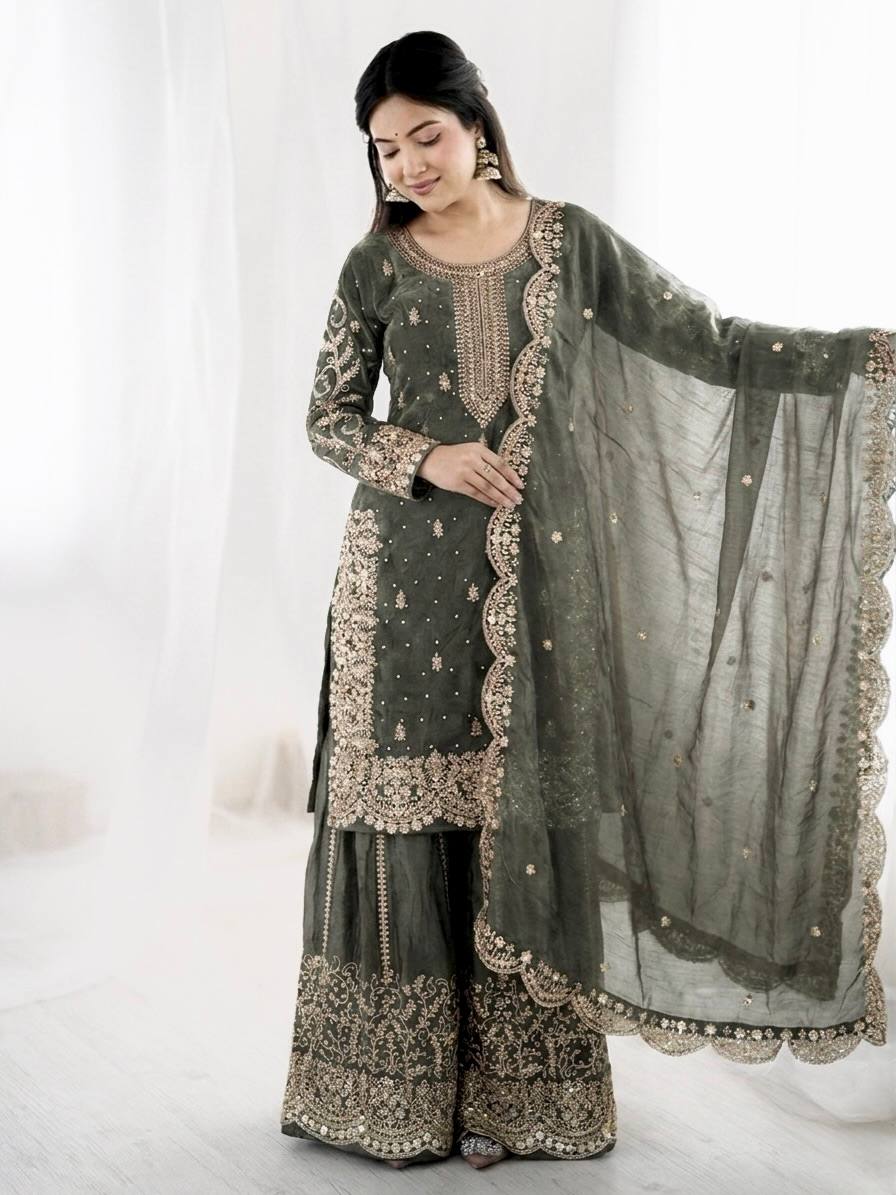 Graceful Grey Color Embroidery Coding Work Fendy Silk Sharara Suit Set