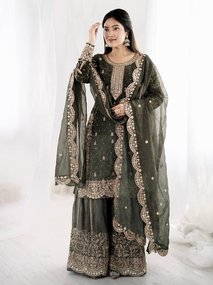 Graceful Grey Color Embroidery Coding Work Fendy Silk Sharara Suit Set