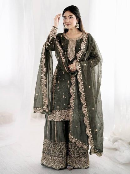 Graceful Grey Color Embroidery Coding Work Fendy Silk Sharara Suit Set