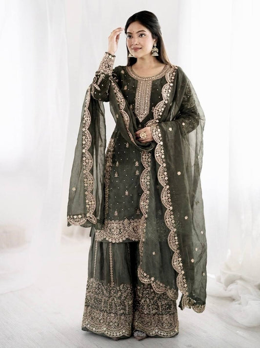 Graceful Grey Color Embroidery Coding Work Fendy Silk Sharara Suit Set