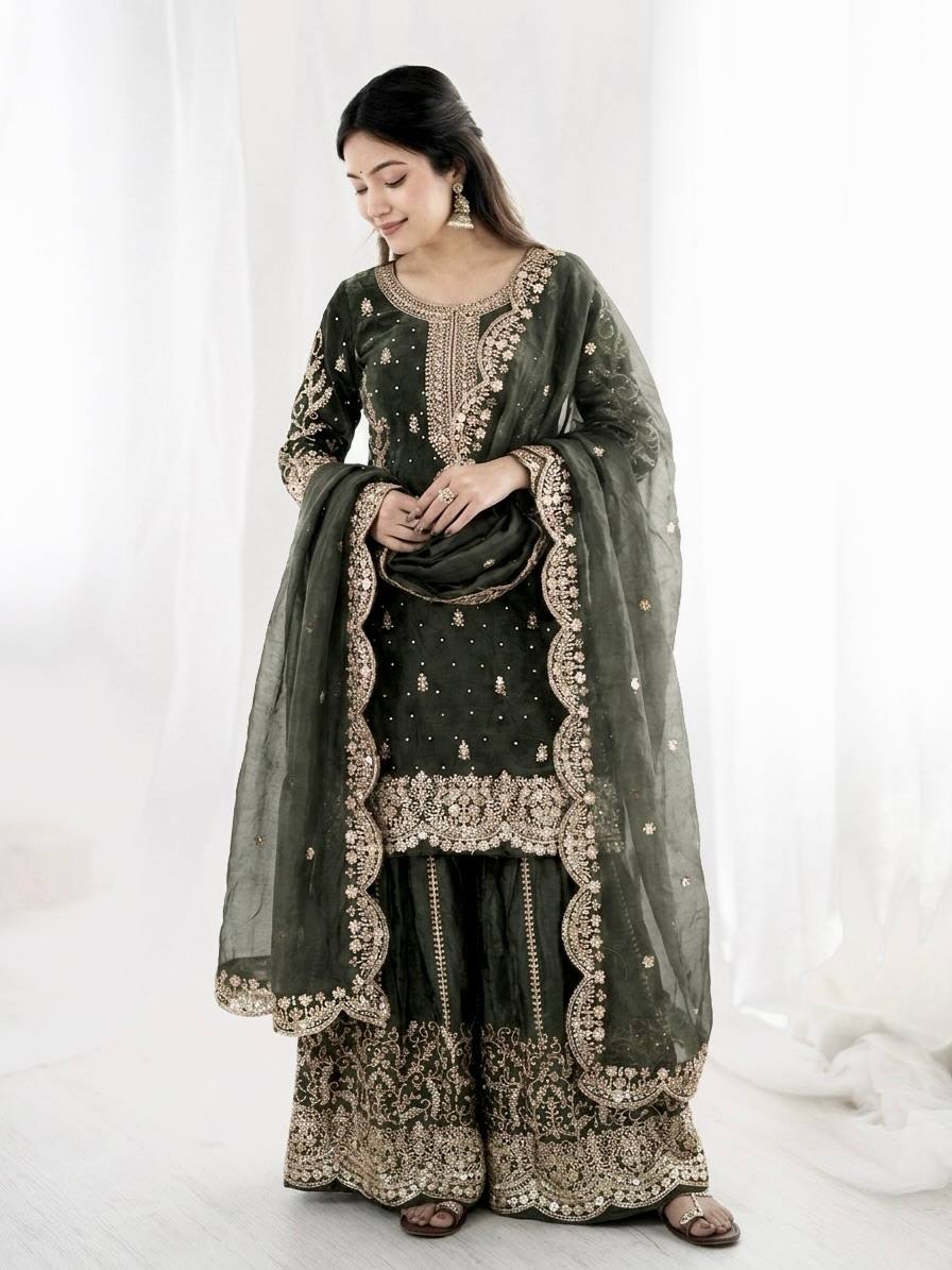 Graceful Grey Color Embroidery Coding Work Fendy Silk Sharara Suit Set