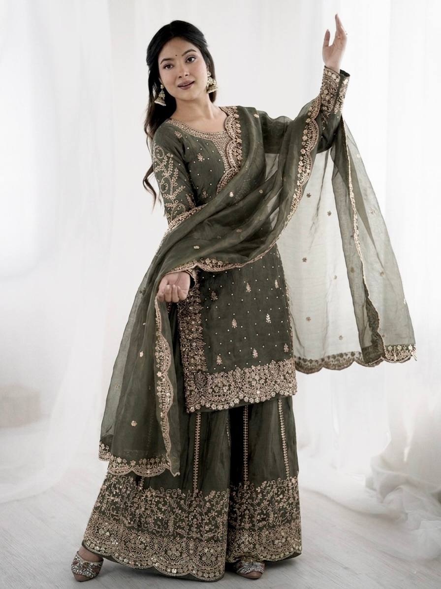 Graceful Grey Color Embroidery Coding Work Fendy Silk Sharara Suit Set