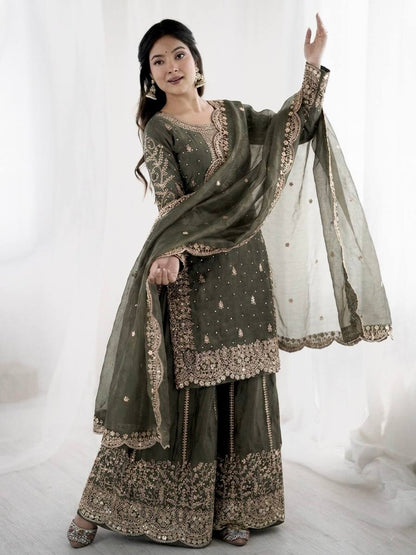 Graceful Grey Color Embroidery Coding Work Fendy Silk Sharara Suit Set