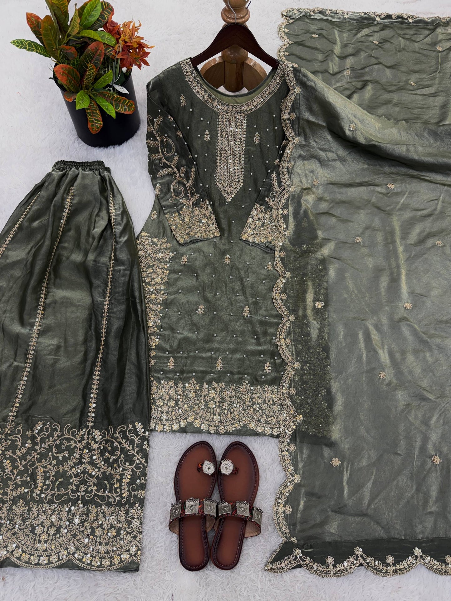 Graceful Grey Color Embroidery Coding Work Fendy Silk Sharara Suit Set