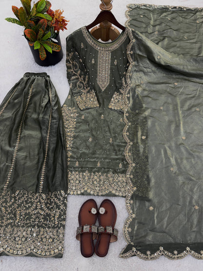 Graceful Grey Color Embroidery Coding Work Fendy Silk Sharara Suit Set