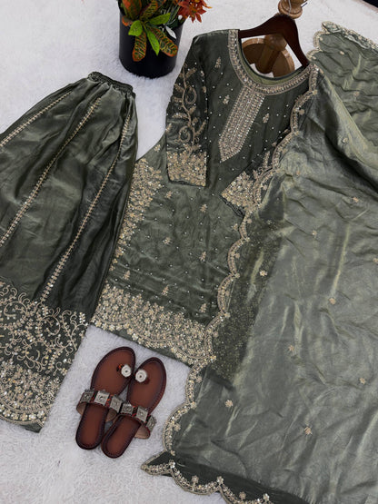 Graceful Grey Color Embroidery Coding Work Fendy Silk Sharara Suit Set