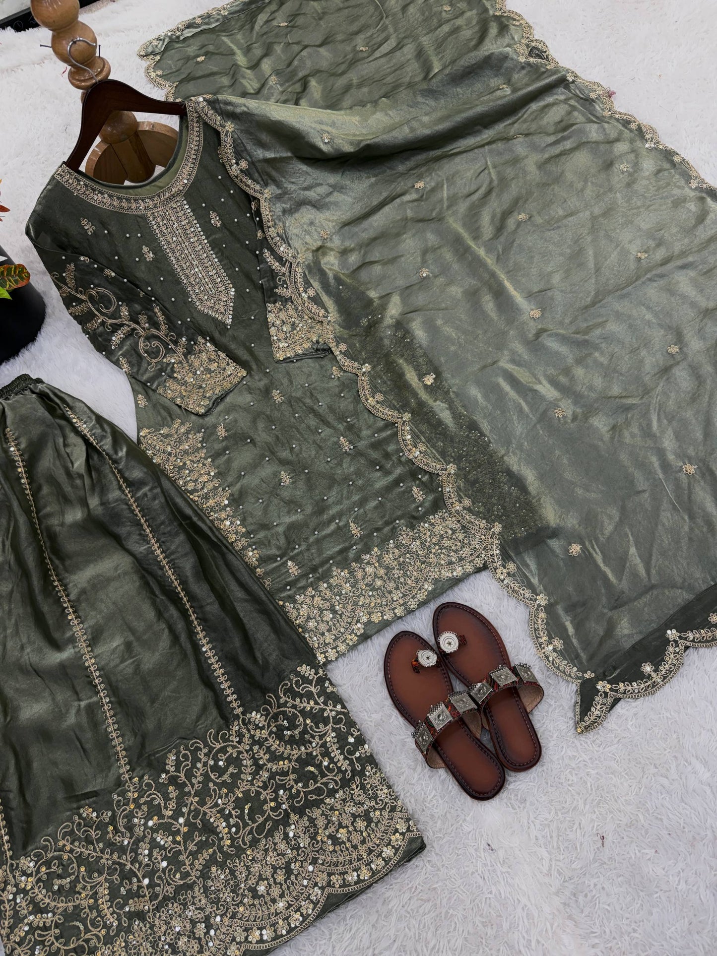 Graceful Grey Color Embroidery Coding Work Fendy Silk Sharara Suit Set