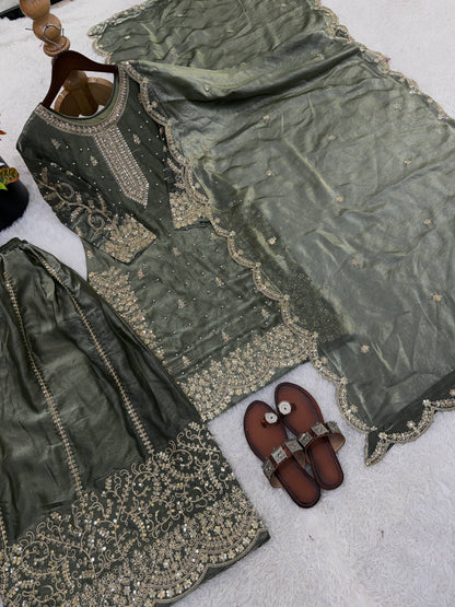 Graceful Grey Color Embroidery Coding Work Fendy Silk Sharara Suit Set