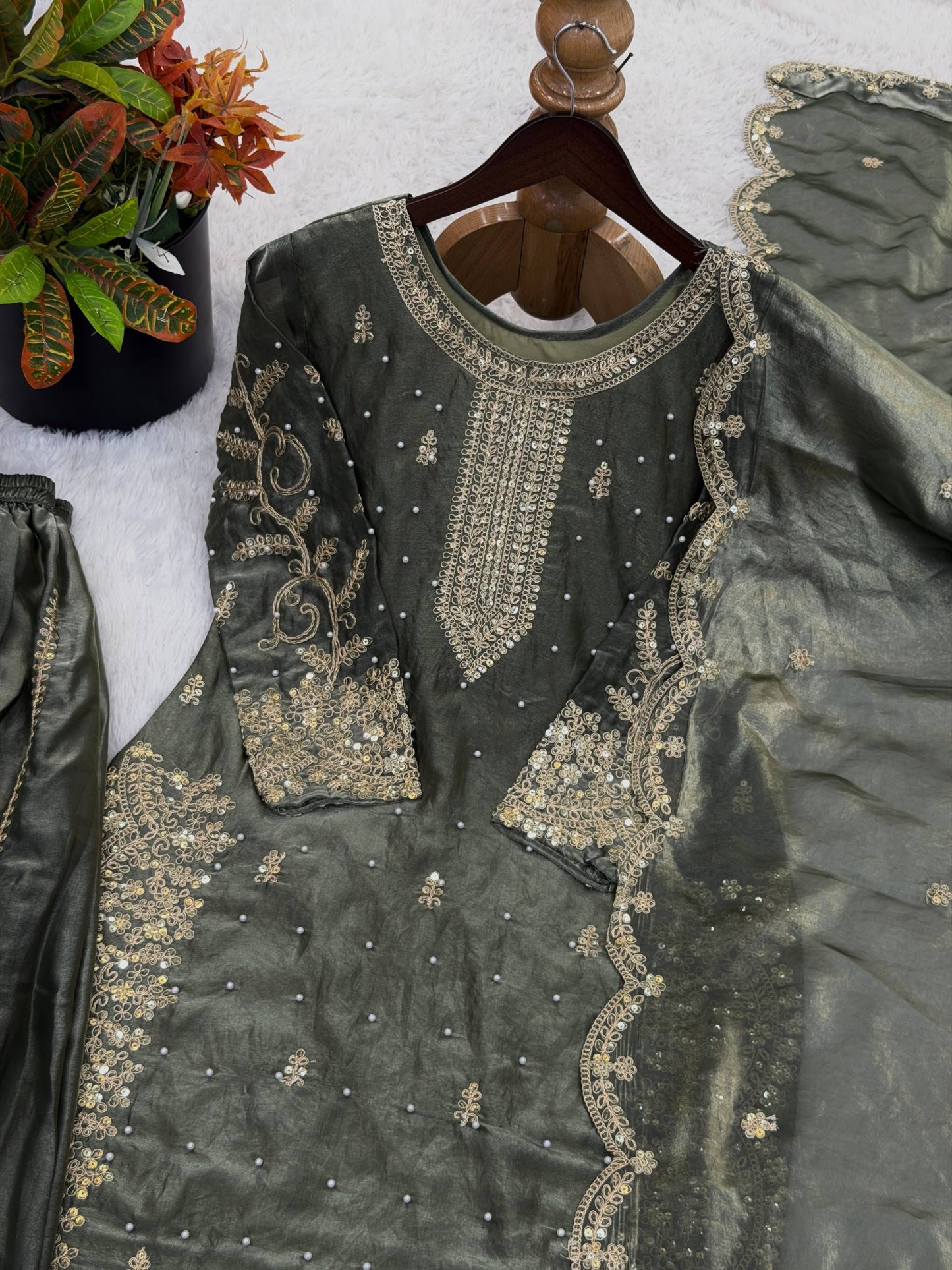 Graceful Grey Color Embroidery Coding Work Fendy Silk Sharara Suit Set