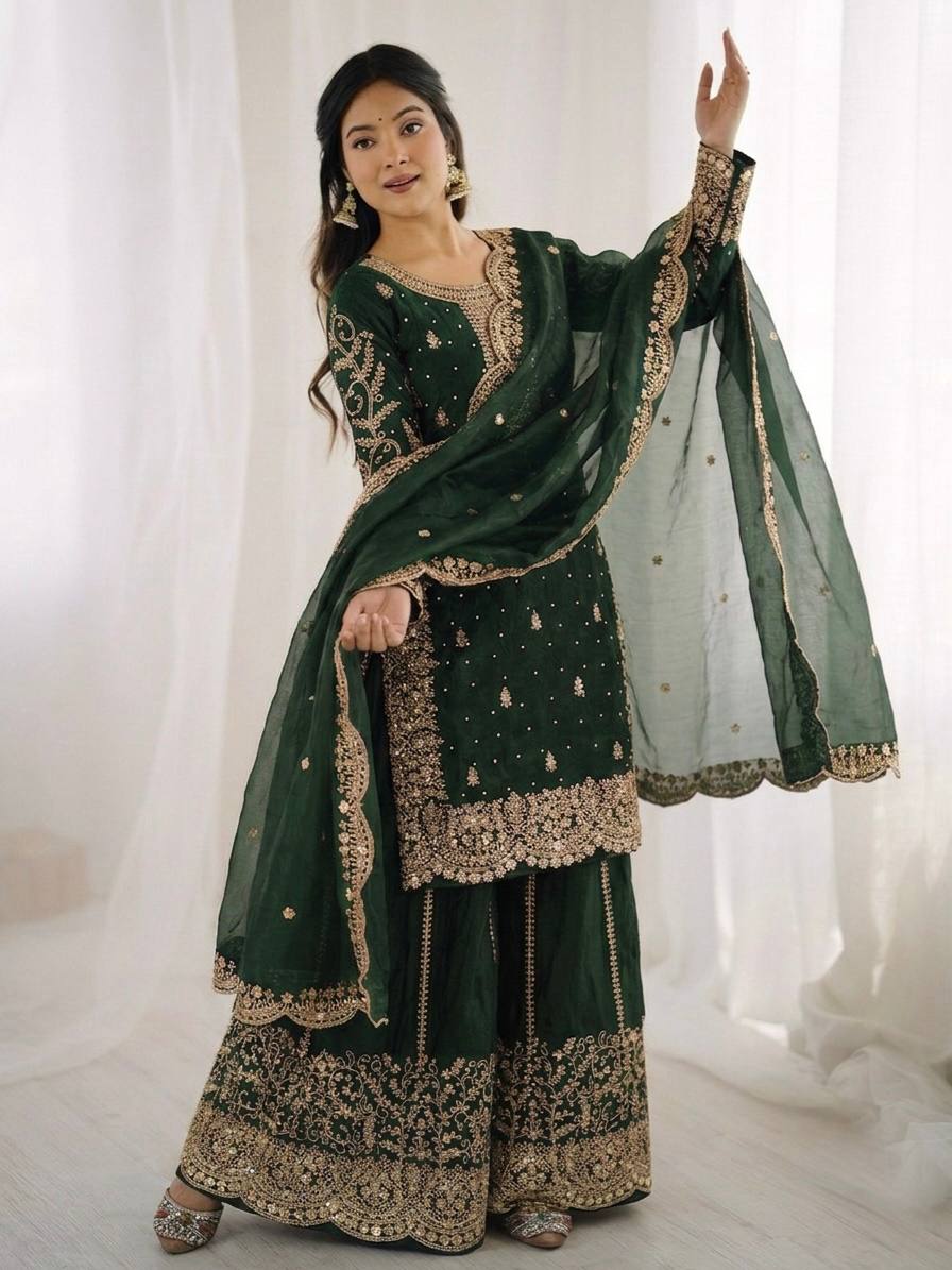 Party Wear Green Color Fendy Silk Sequin Work Sharara Suit
