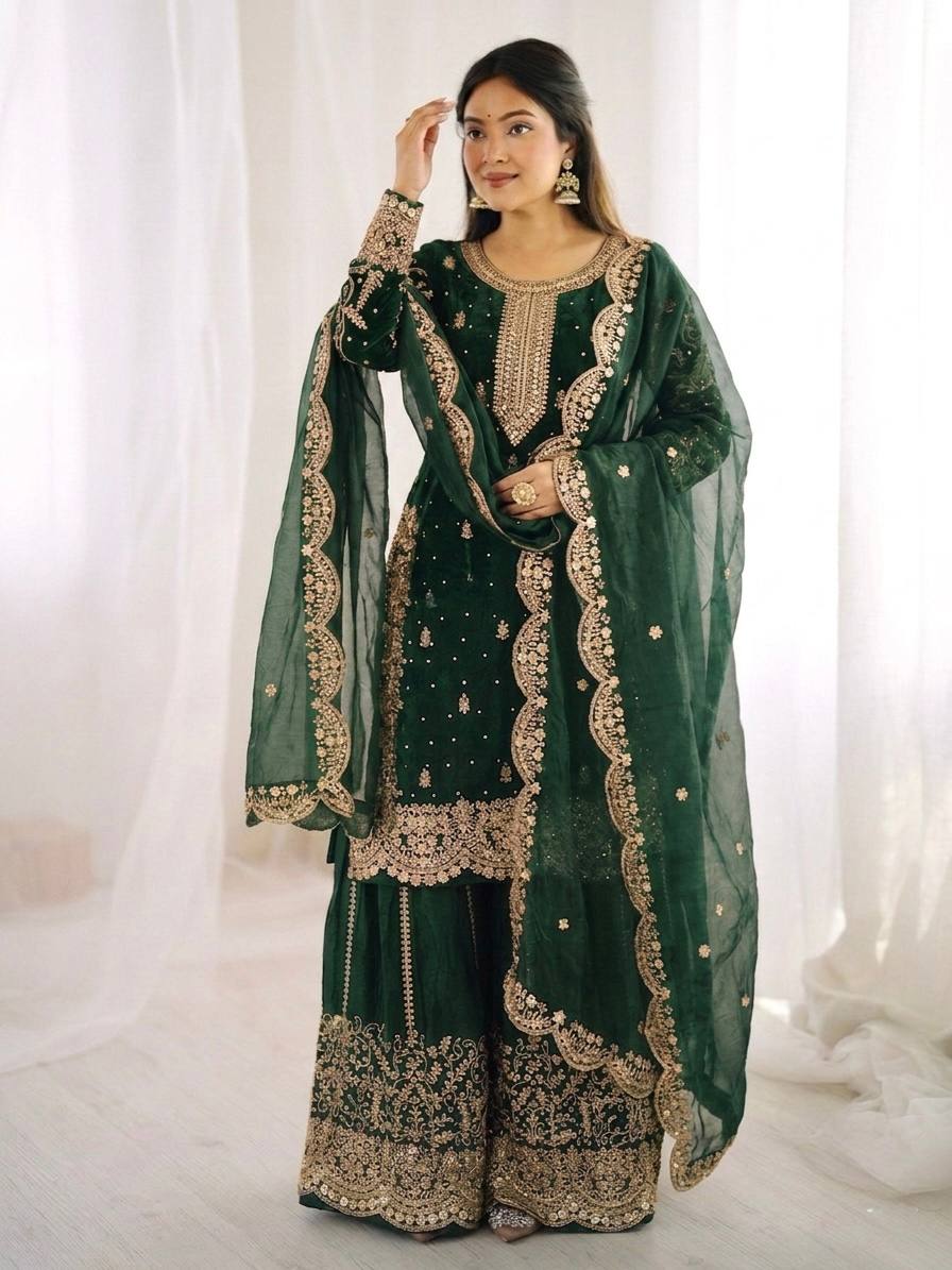 Party Wear Green Color Fendy Silk Sequin Work Sharara Suit
