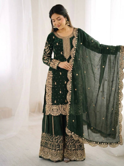 Party Wear Green Color Fendy Silk Sequin Work Sharara Suit