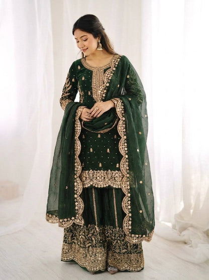 Party Wear Green Color Fendy Silk Sequin Work Sharara Suit