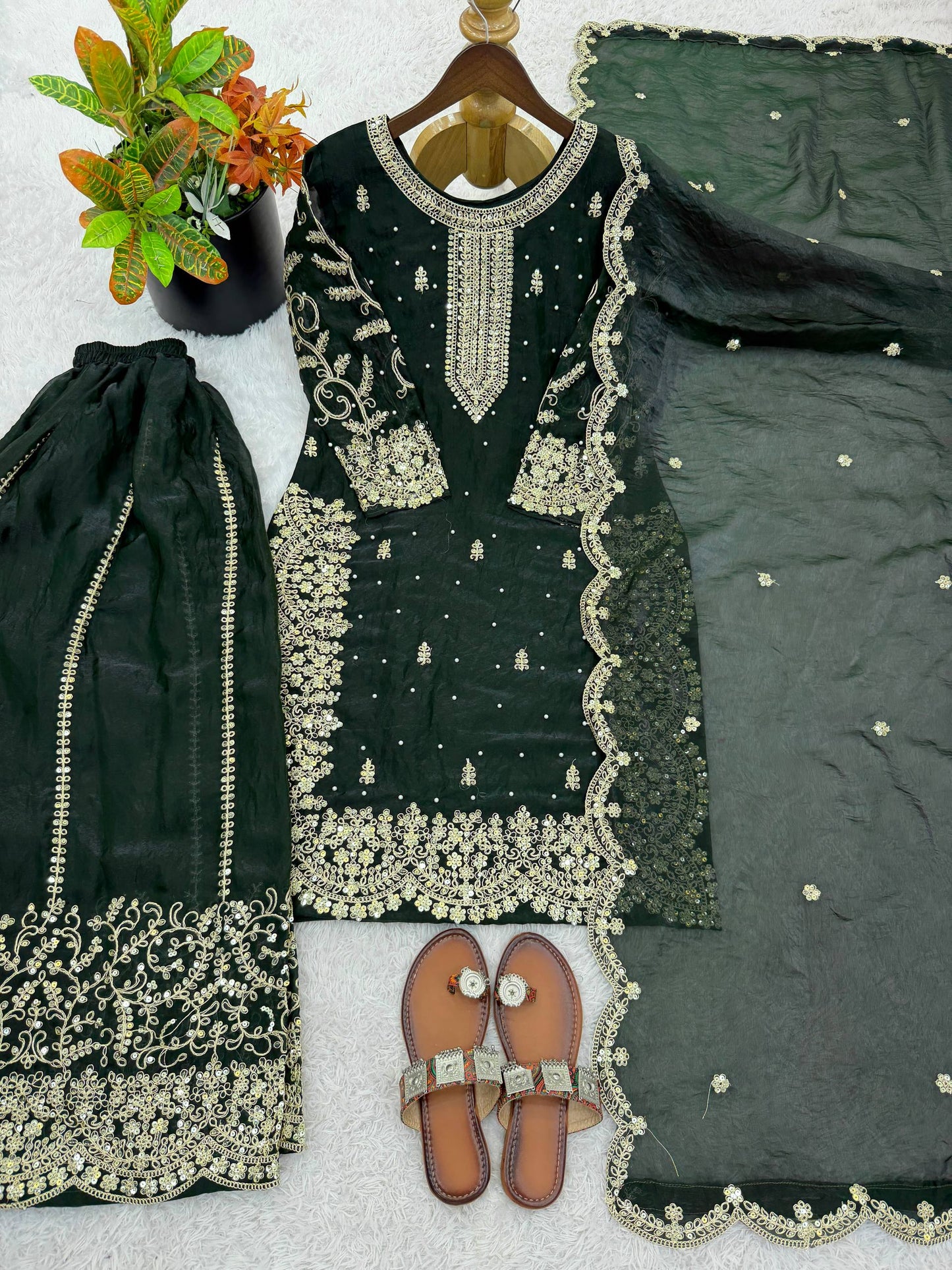Party Wear Green Color Fendy Silk Sequin Work Sharara Suit