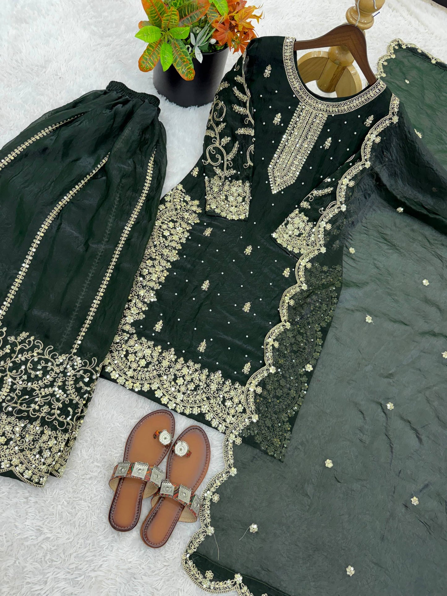 Party Wear Green Color Fendy Silk Sequin Work Sharara Suit