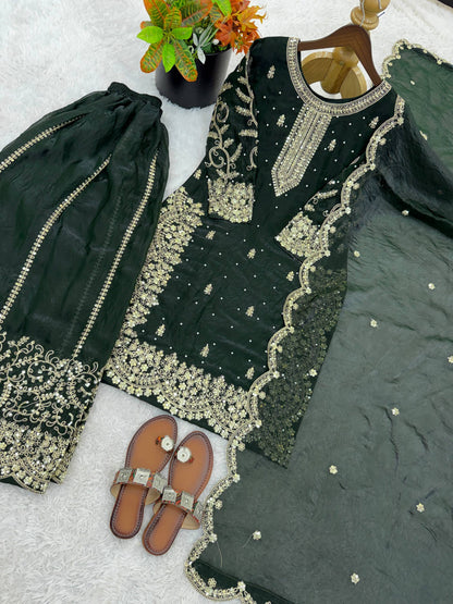 Party Wear Green Color Fendy Silk Sequin Work Sharara Suit
