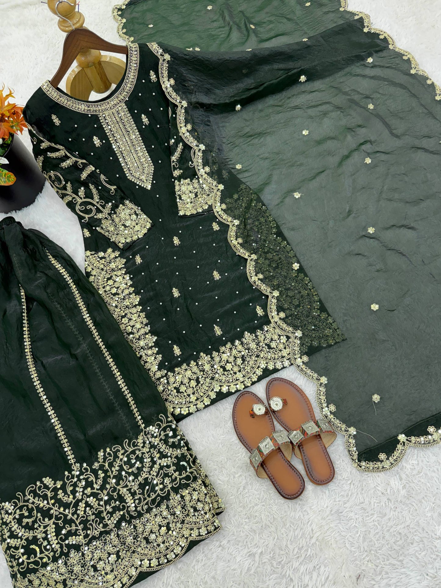 Party Wear Green Color Fendy Silk Sequin Work Sharara Suit