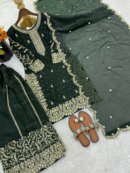 Party Wear Green Color Fendy Silk Sequin Work Sharara Suit