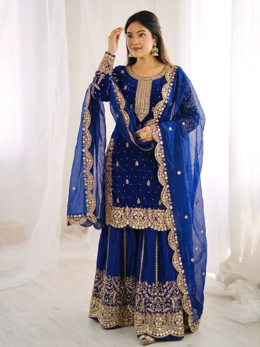 Imposing Blue Color Coding Sequence Work Embroidered Sharara Suit