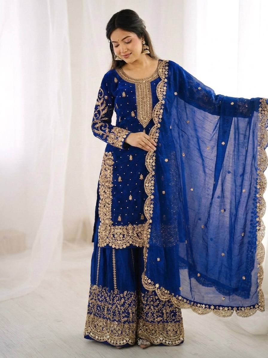 Imposing Blue Color Coding Sequence Work Embroidered Sharara Suit