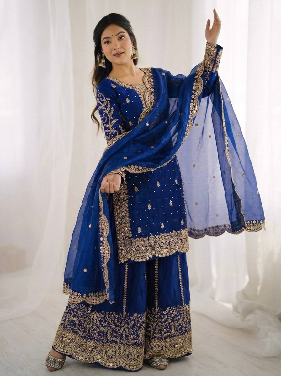 Imposing Blue Color Coding Sequence Work Embroidered Sharara Suit
