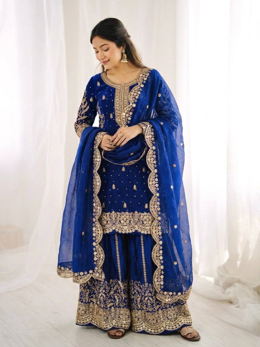 Imposing Blue Color Coding Sequence Work Embroidered Sharara Suit