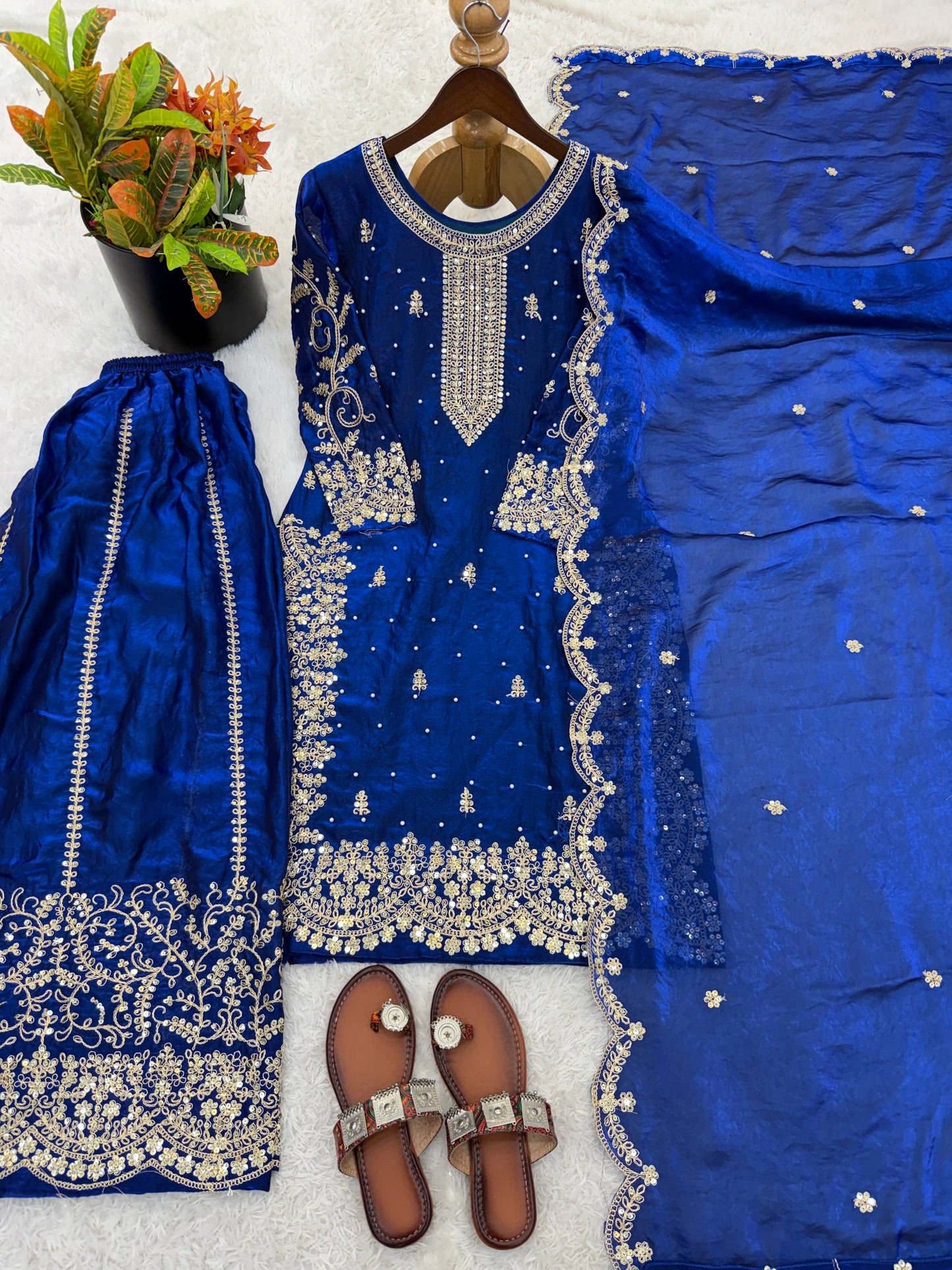Imposing Blue Color Coding Sequence Work Embroidered Sharara Suit