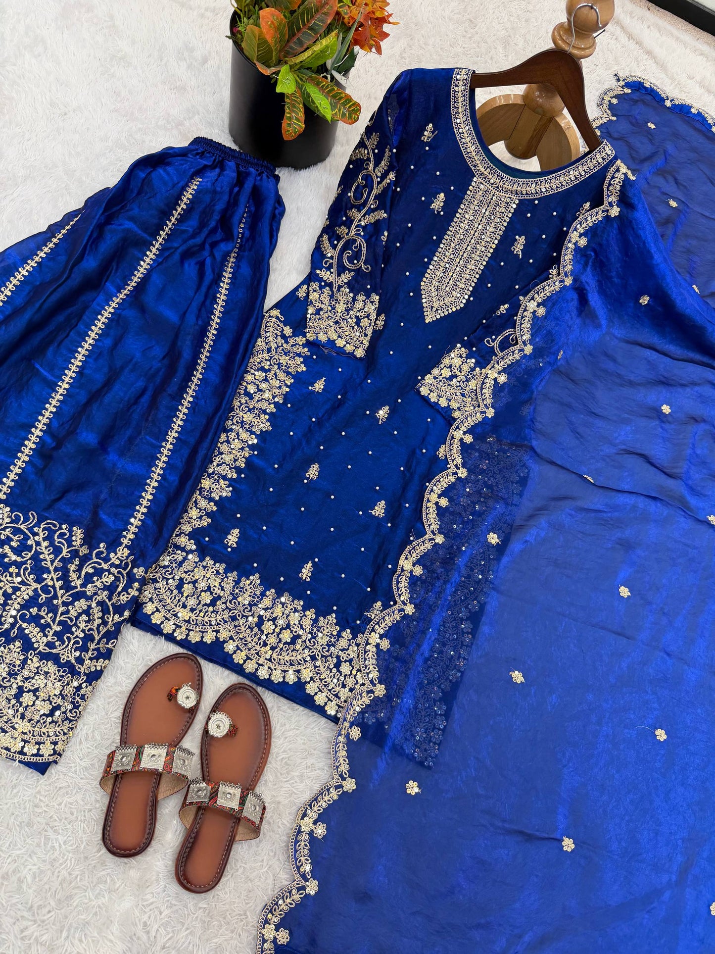 Imposing Blue Color Coding Sequence Work Embroidered Sharara Suit